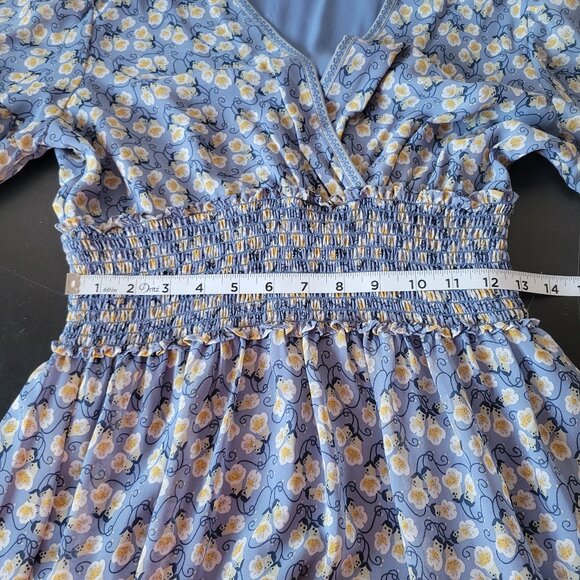 Max Studio V-Neck Babydoll Midi Dress, M, Light Blue Floral, Bell Short Sleeve - Picture 8 of 9